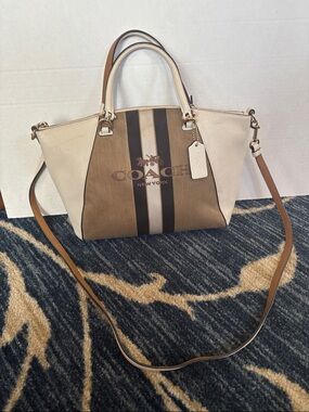 Coach Horse and Carriage Jacquard Prairie Satchel Two-Tone Signature Stripe Tote